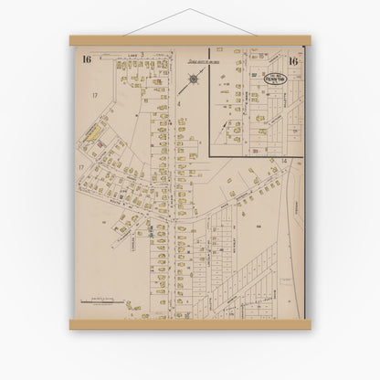 Old map wall art mockup — magnetic wood frame on white wall — Sanborn Fire Insurance Map from Penn Yan, Yates County, New York (1922), Sheet #0016