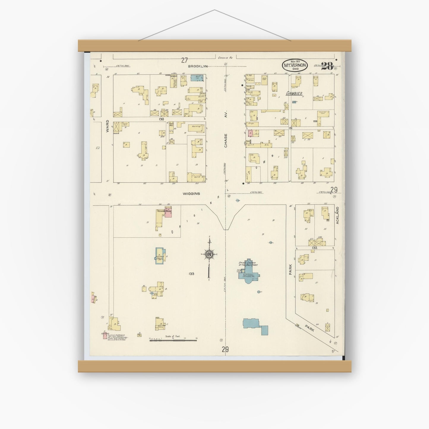 Old map wall art mockup — magnetic wood frame on white wall — Sanborn Fire Insurance Map from Mount Vernon, Knox County, Ohio (1913), Sheet #0028