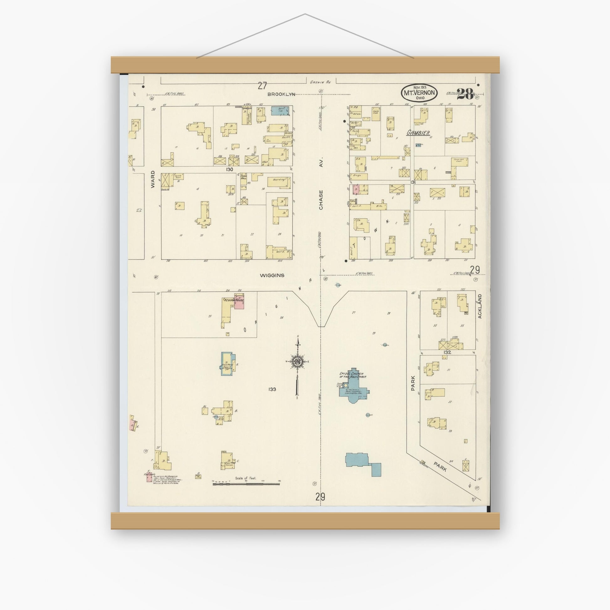 Old map wall art mockup — magnetic wood frame on white wall — Sanborn Fire Insurance Map from Mount Vernon, Knox County, Ohio (1913), Sheet #0028
