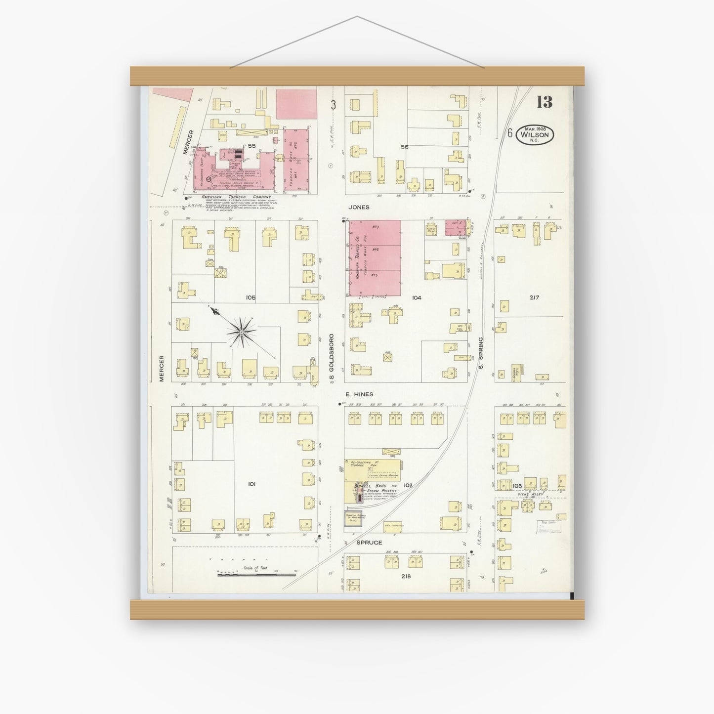Old map wall art mockup — magnetic wood frame on white wall — Sanborn Fire Insurance Map from Wilson, Wilson County, North Carolina (1908), Sheet #0013