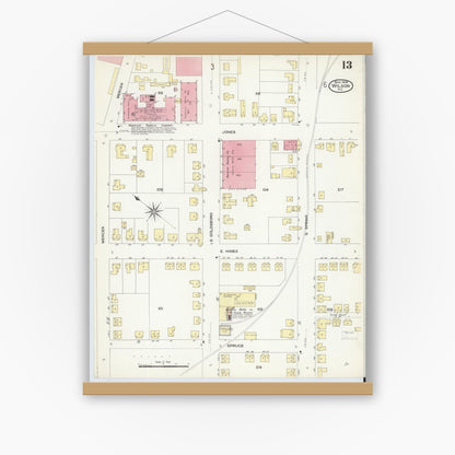 Old map wall art mockup — magnetic wood frame on white wall — Sanborn Fire Insurance Map from Wilson, Wilson County, North Carolina (1908), Sheet #0013
