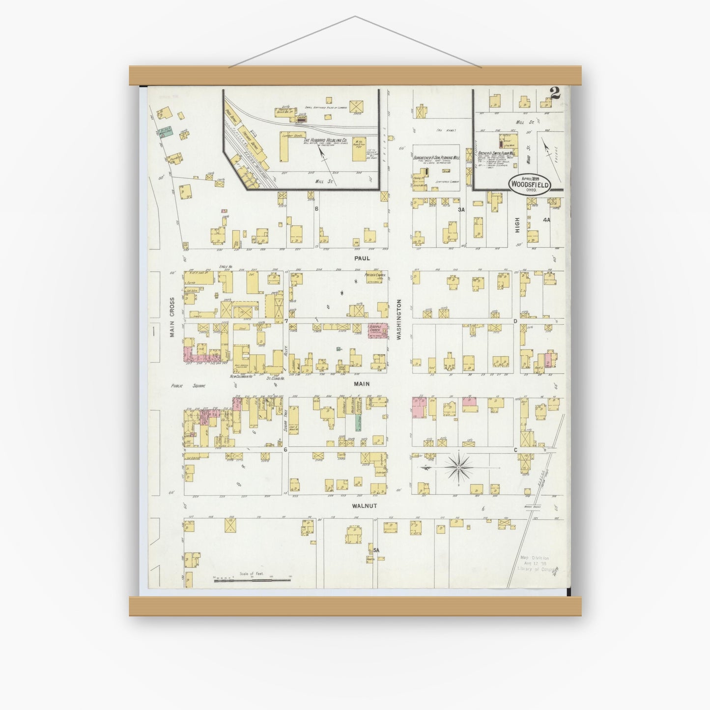 Old map wall art mockup — magnetic wood frame on white wall — Sanborn Fire Insurance Map from Woodsfield, Monroe County, Ohio (1899), Sheet #0002