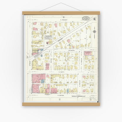 Old map wall art mockup — magnetic wood frame on white wall — Sanborn Fire Insurance Map from Fostoria, Seneca, Hancock, And Wood Counties, Ohio (1914), Sheet #0006