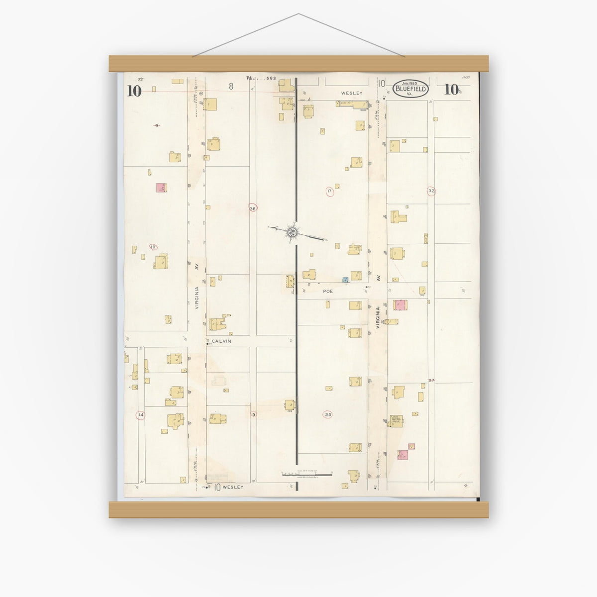 Old map wall art mockup — magnetic wood frame on white wall — Sanborn Fire Insurance Map from Bluefield, Tazewell County, Virginia (1930), Sheet #0010