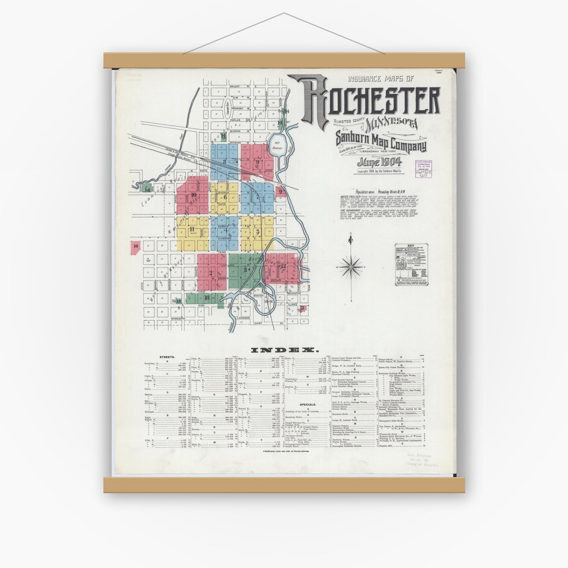 Old map wall art mockup — magnetic wood frame on white wall — Sanborn Fire Insurance Map from Rochester, Olmsted County, Minnesota (1904) - Complete Map Set