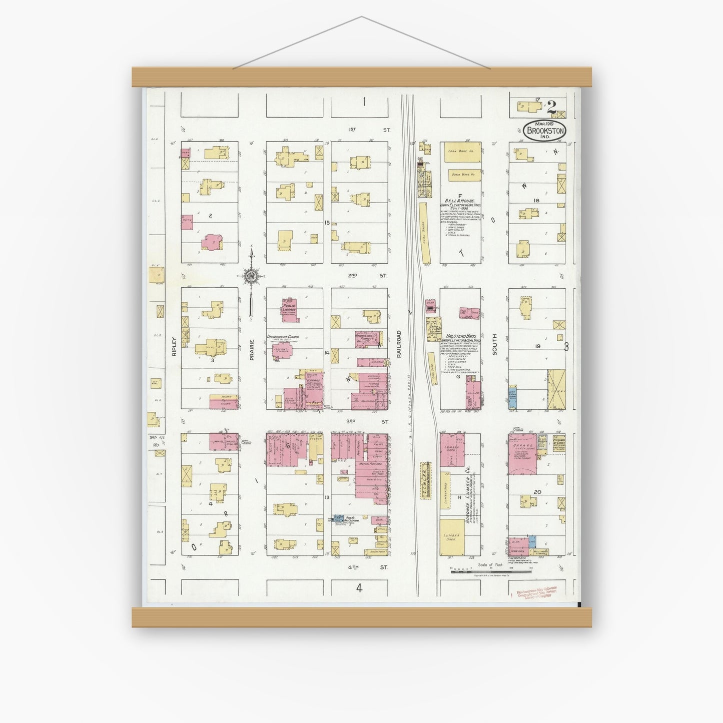 Old map wall art mockup — magnetic wood frame on white wall — Sanborn Fire Insurance Map from Brookston, White County, Indiana (1919), Sheet #0002