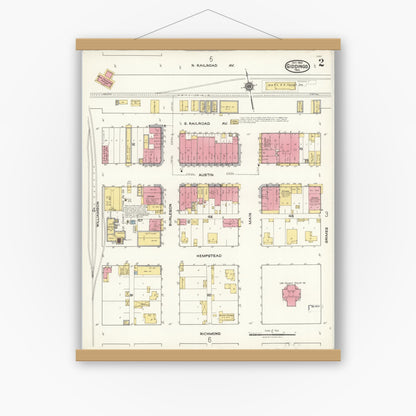 Old map wall art mockup — magnetic wood frame on white wall — Sanborn Fire Insurance Map from Giddings, Lee County, Texas (1921), Sheet #0002