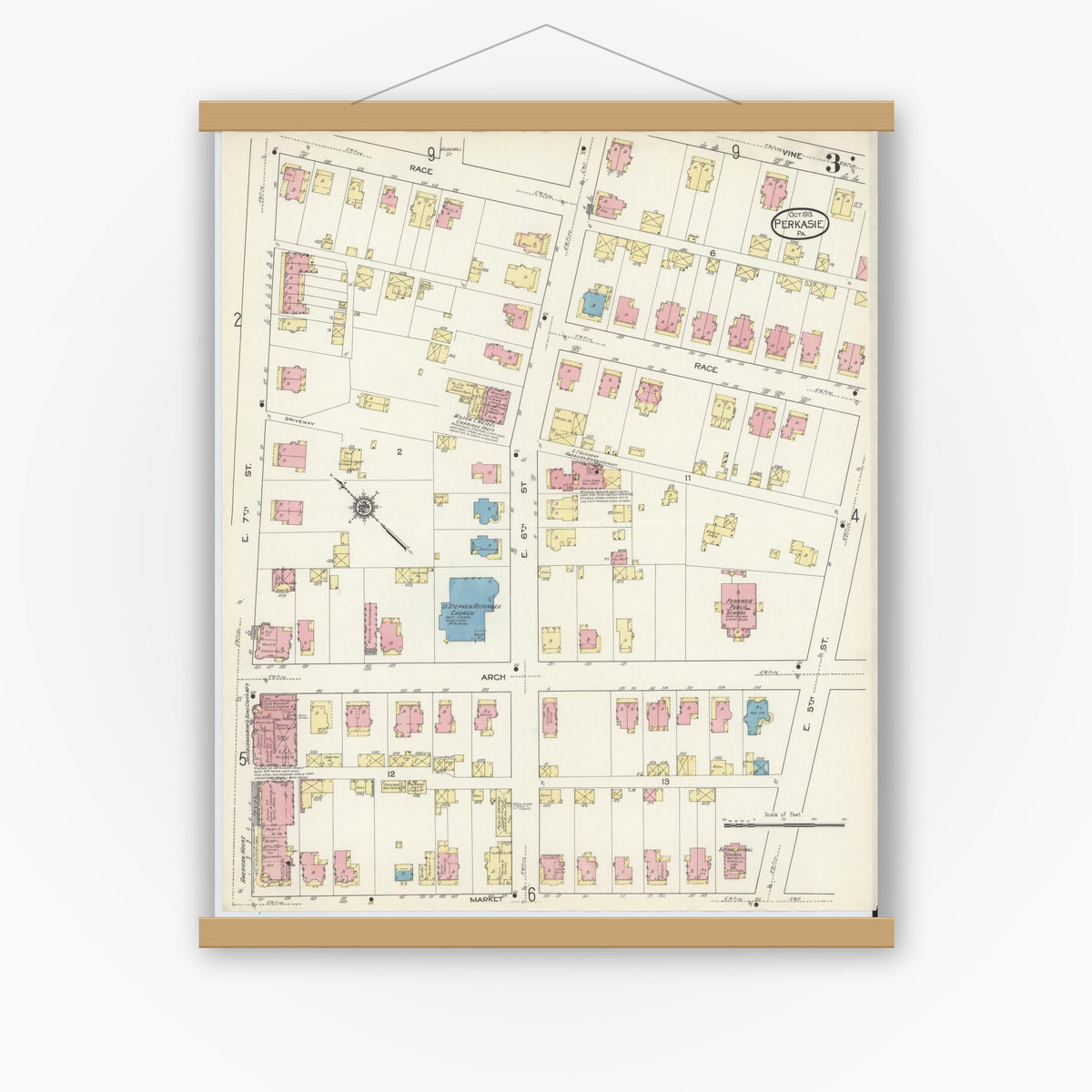 Old map wall art mockup — magnetic wood frame on white wall — Sanborn Fire Insurance Map from Perkasie, Bucks County, Pennsylvania (1913), Sheet #0003