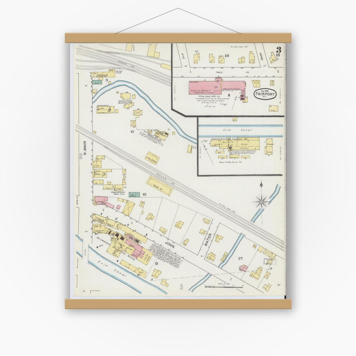 Old map wall art mockup — magnetic wood frame on white wall — Sanborn Fire Insurance Map from Fairport, Monroe County, New York (1892), Sheet #0003