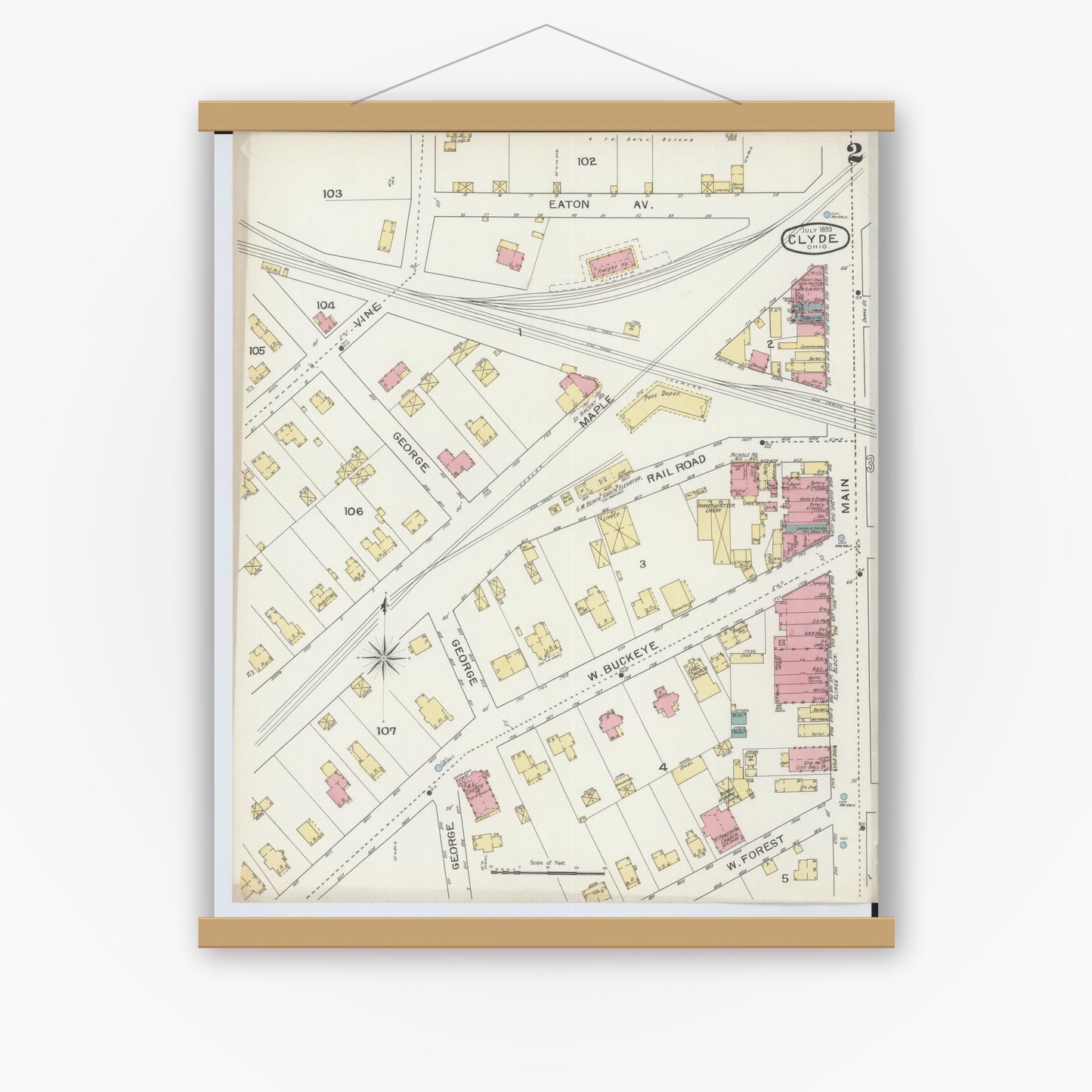 Old map wall art mockup — magnetic wood frame on white wall — Sanborn Fire Insurance Map from Clyde, Sandusky County, Ohio (1893), Sheet #0002