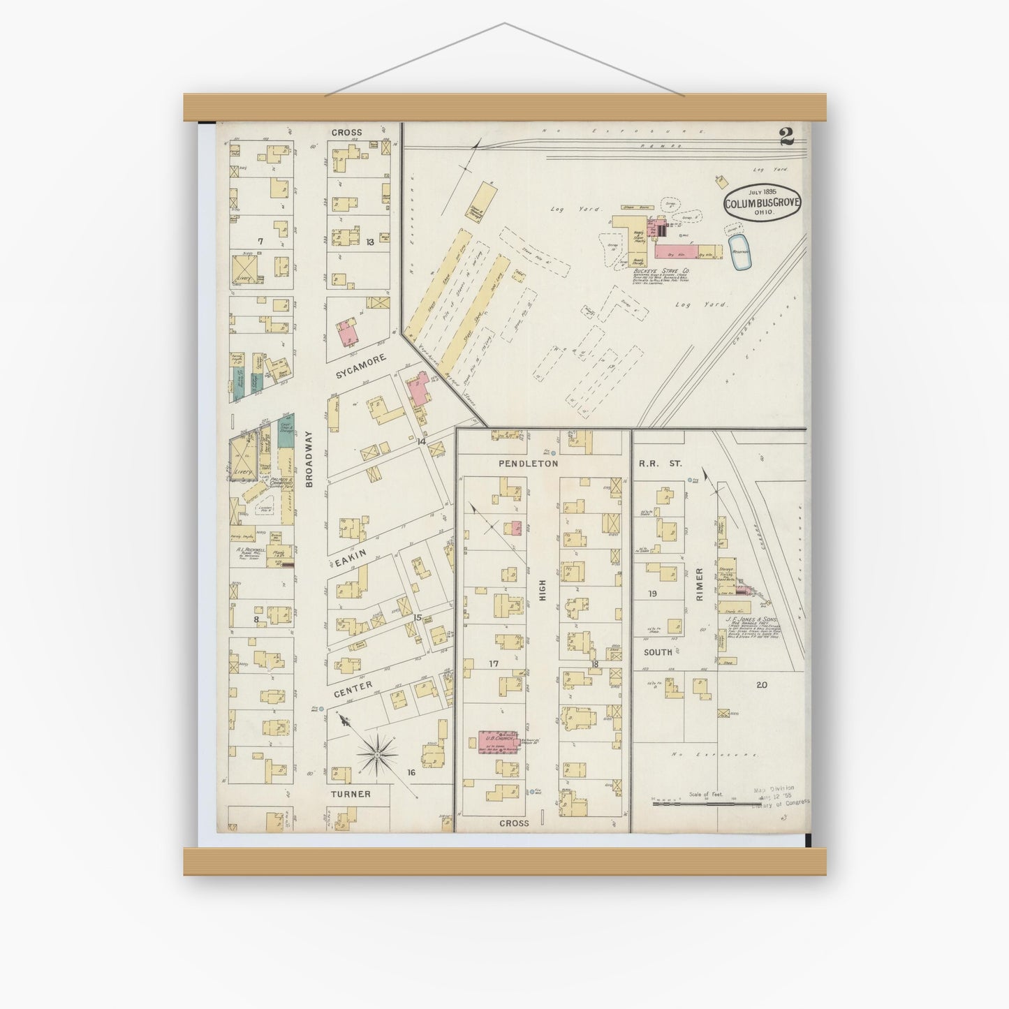 Old map wall art mockup — magnetic wood frame on white wall — Sanborn Fire Insurance Map from Columbus Grove, Putnam County, Ohio (1895), Sheet #0002