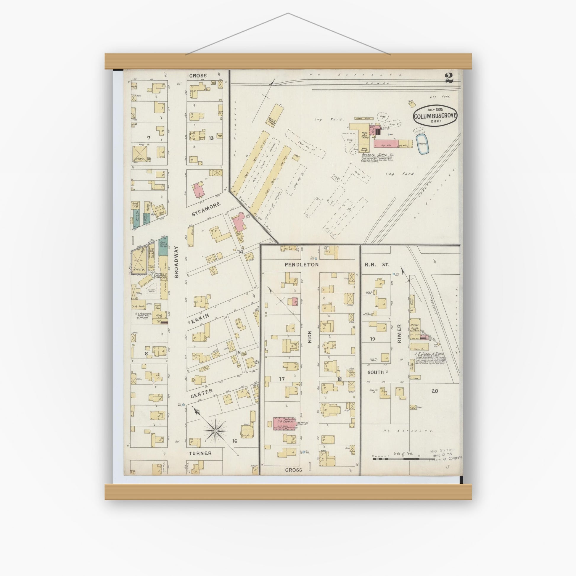Old map wall art mockup — magnetic wood frame on white wall — Sanborn Fire Insurance Map from Columbus Grove, Putnam County, Ohio (1895), Sheet #0002