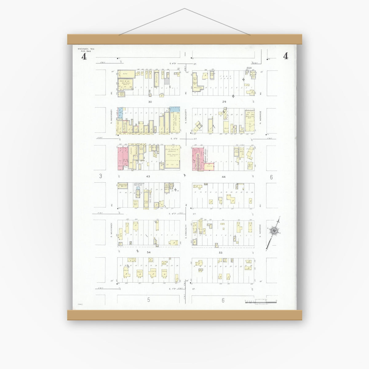 Old map wall art mockup — magnetic wood frame on white wall — Sanborn Fire Insurance Map from McCamey, Upton County, Texas (1946), Sheet #0004