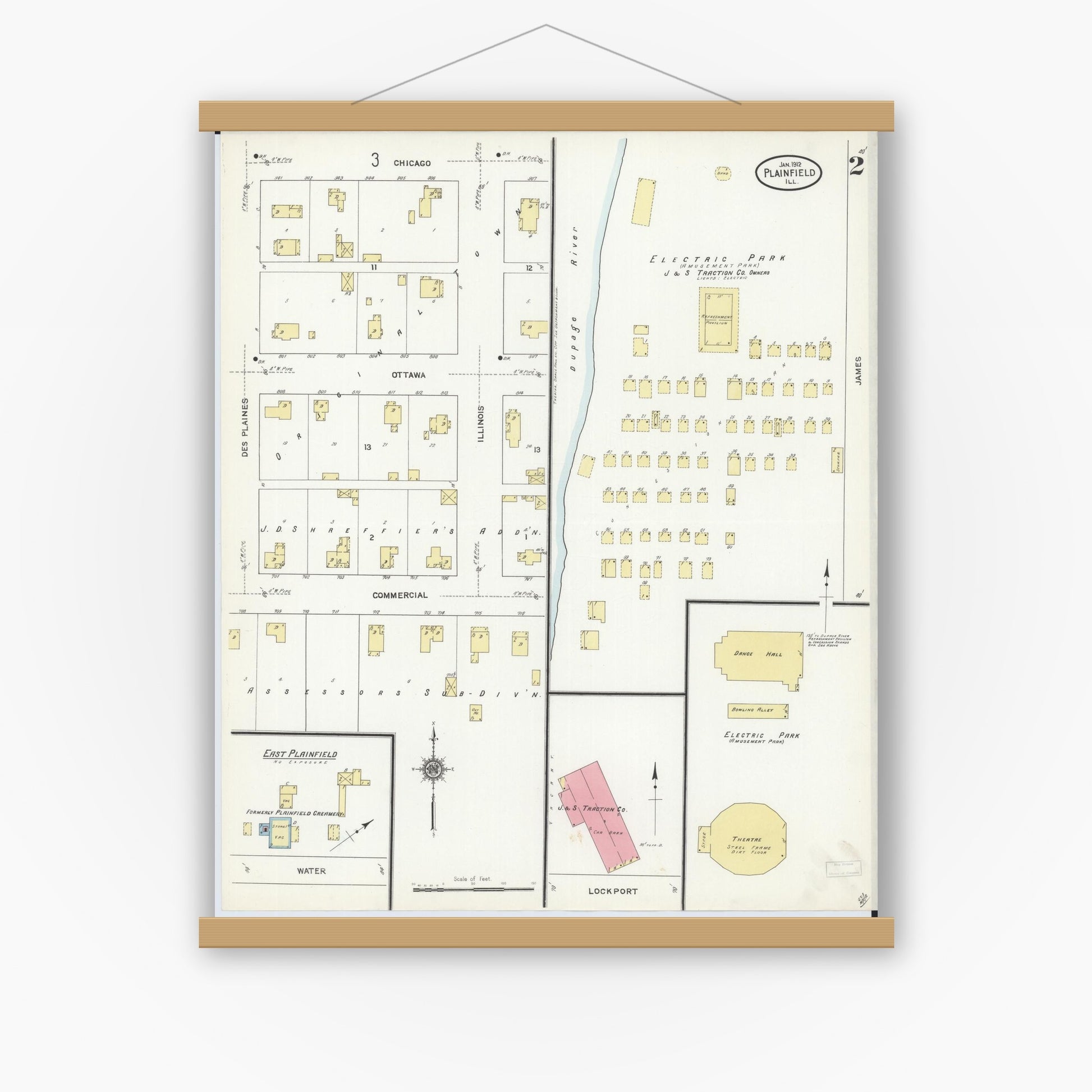 Old map wall art mockup — magnetic wood frame on white wall — Sanborn Fire Insurance Map from Plainfield, Will County, Illinois (1912), Sheet #0002