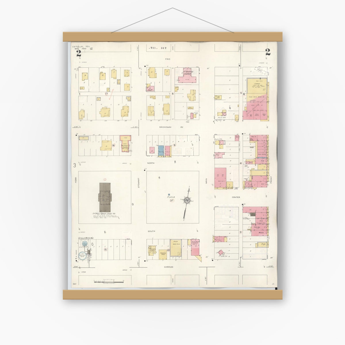 Old map wall art mockup — magnetic wood frame on white wall — Sanborn Fire Insurance Map from Cotulla, La Salle County, Texas (1948), Sheet #0002