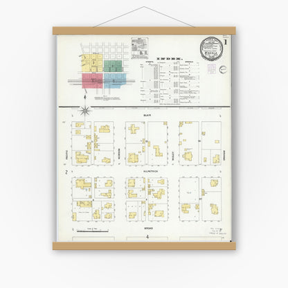 Old map wall art mockup — magnetic wood frame on white wall — Sanborn Fire Insurance Map from Mineola, Wood County, Texas (1901), Sheet #0001