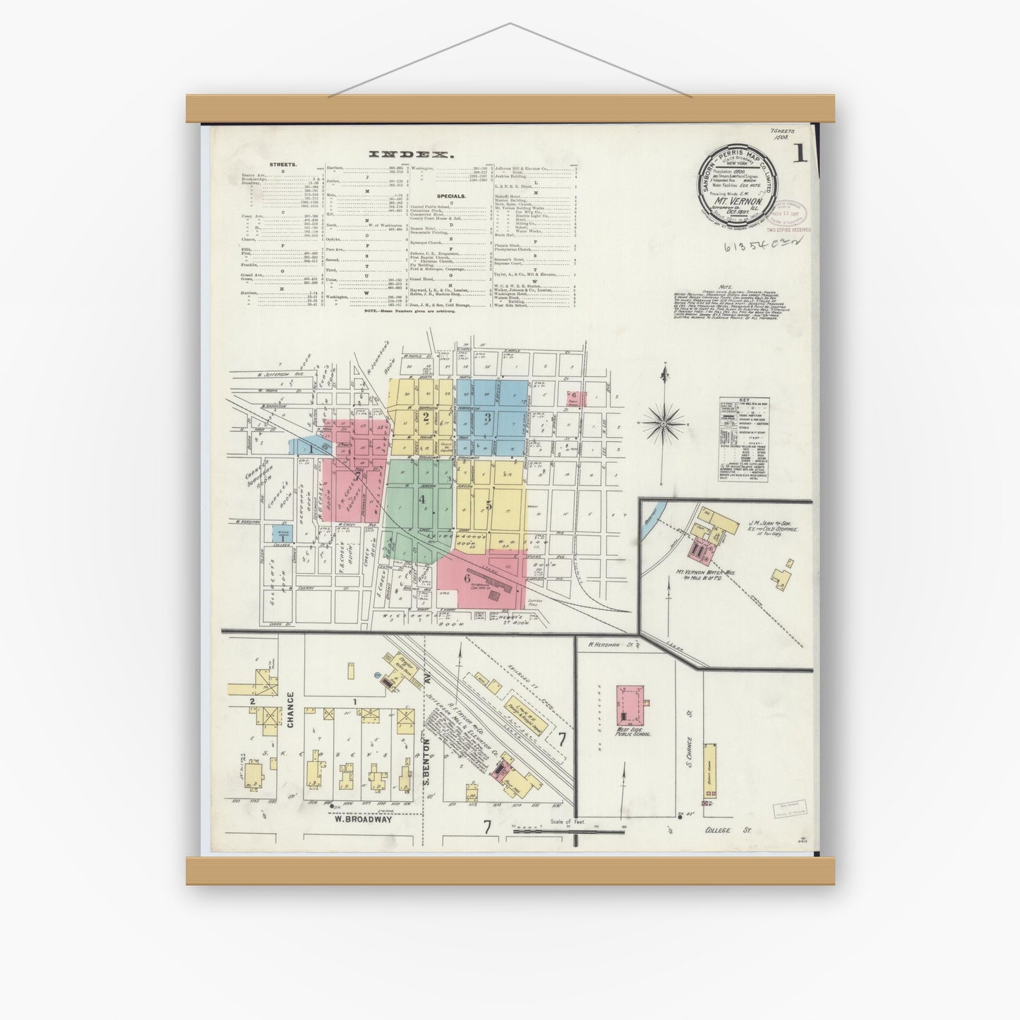 Old map wall art mockup — magnetic wood frame on white wall — Sanborn Fire Insurance Map from Mount Vernon, Jefferson County, Illinois (1897) - Complete Map Set
