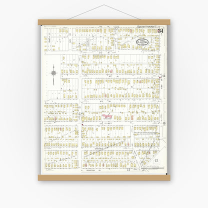 Old map wall art mockup — magnetic wood frame on white wall — Sanborn Fire Insurance Map from Clinton, Clinton County, Iowa (1917), Sheet #0034