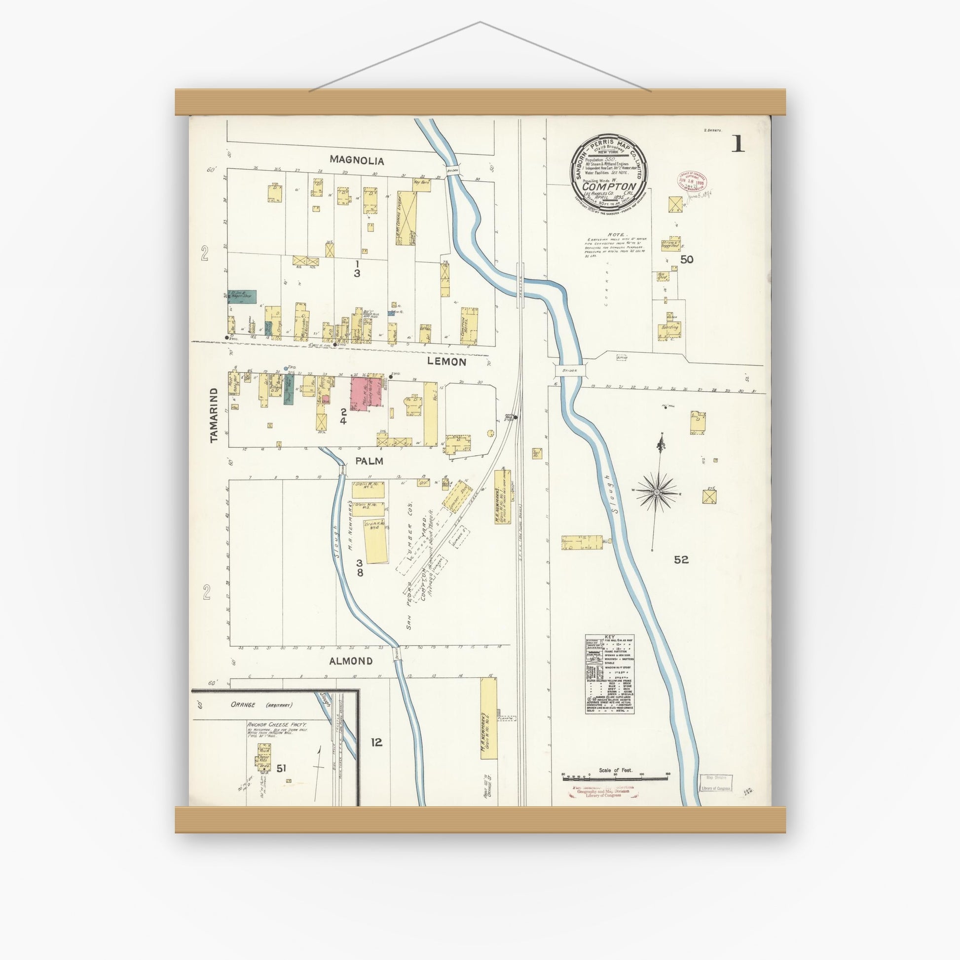 Old map wall art mockup — magnetic wood frame on white wall — Sanborn Fire Insurance Map from Compton, Los Angeles County, California (1895), Sheet #0001