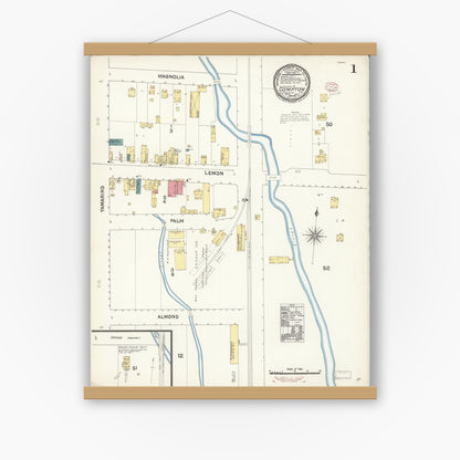 Old map wall art mockup — magnetic wood frame on white wall — Sanborn Fire Insurance Map from Compton, Los Angeles County, California (1895), Sheet #0001