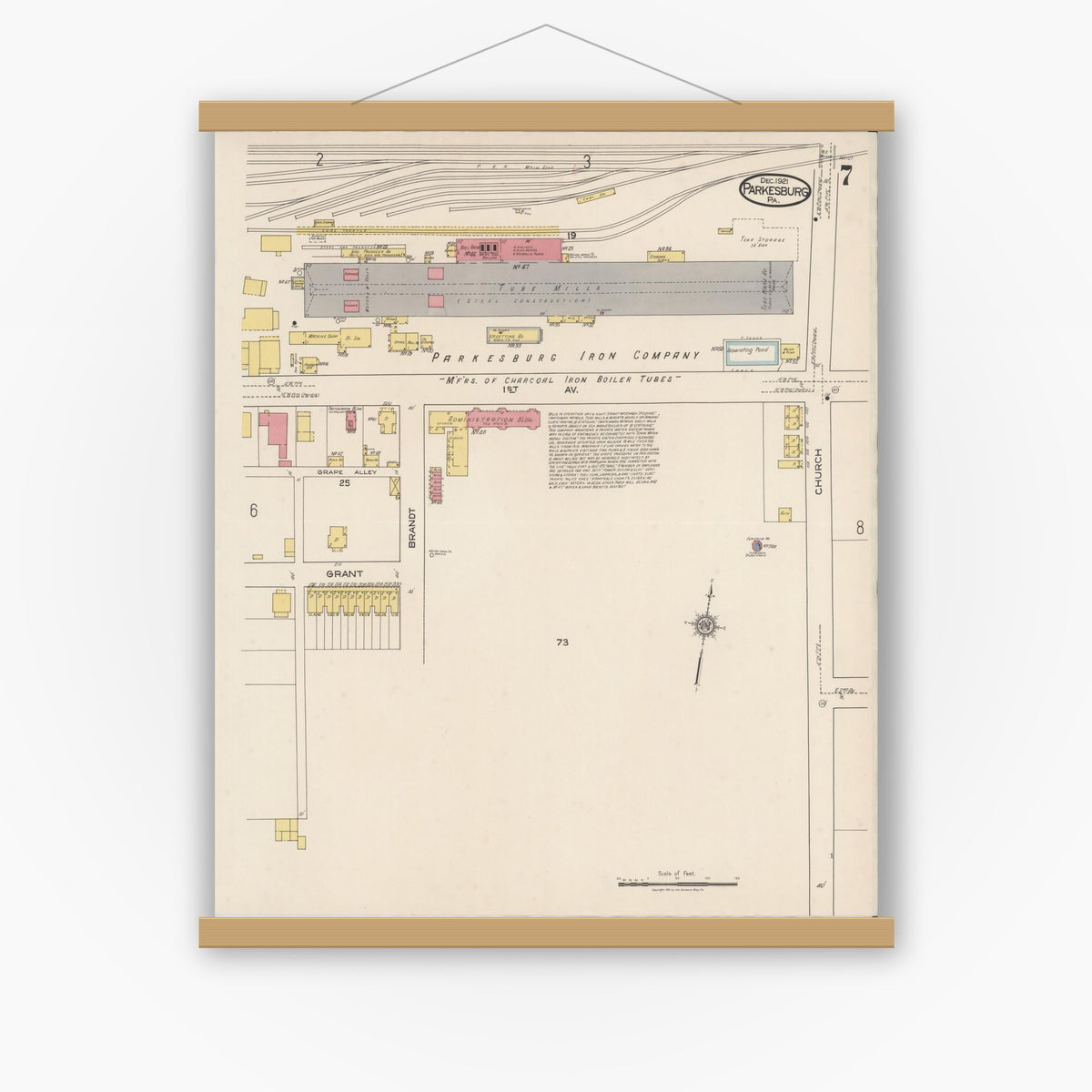 Old map wall art mockup — magnetic wood frame on white wall — Sanborn Fire Insurance Map from Parkesburg, Chester County, Pennsylvania (1921), Sheet #0007