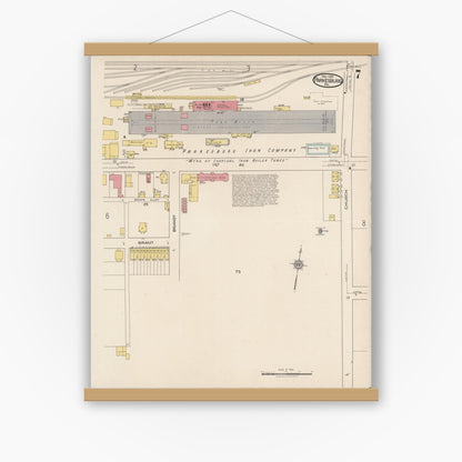 Old map wall art mockup — magnetic wood frame on white wall — Sanborn Fire Insurance Map from Parkesburg, Chester County, Pennsylvania (1921), Sheet #0007