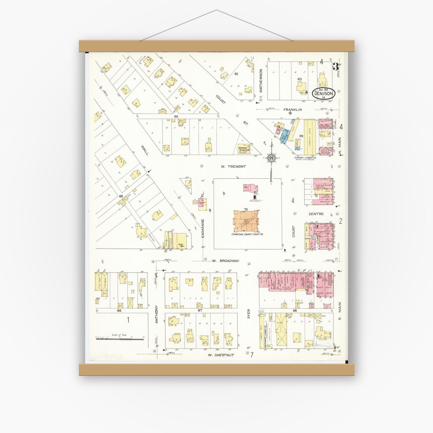 Old map wall art mockup — magnetic wood frame on white wall — Sanborn Fire Insurance Map from Denison, Crawford County, Iowa (1913), Sheet #0003