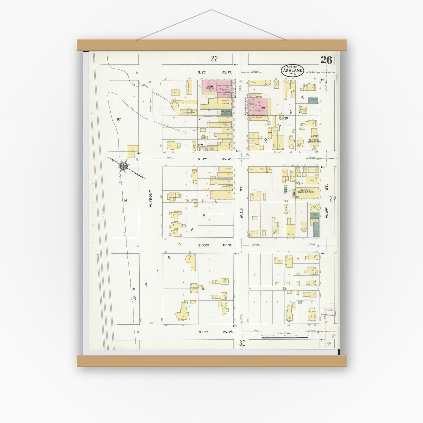 Old map wall art mockup — magnetic wood frame on white wall — Sanborn Fire Insurance Map from Ashland, Ashland County, Wisconsin (1909), Sheet #0026