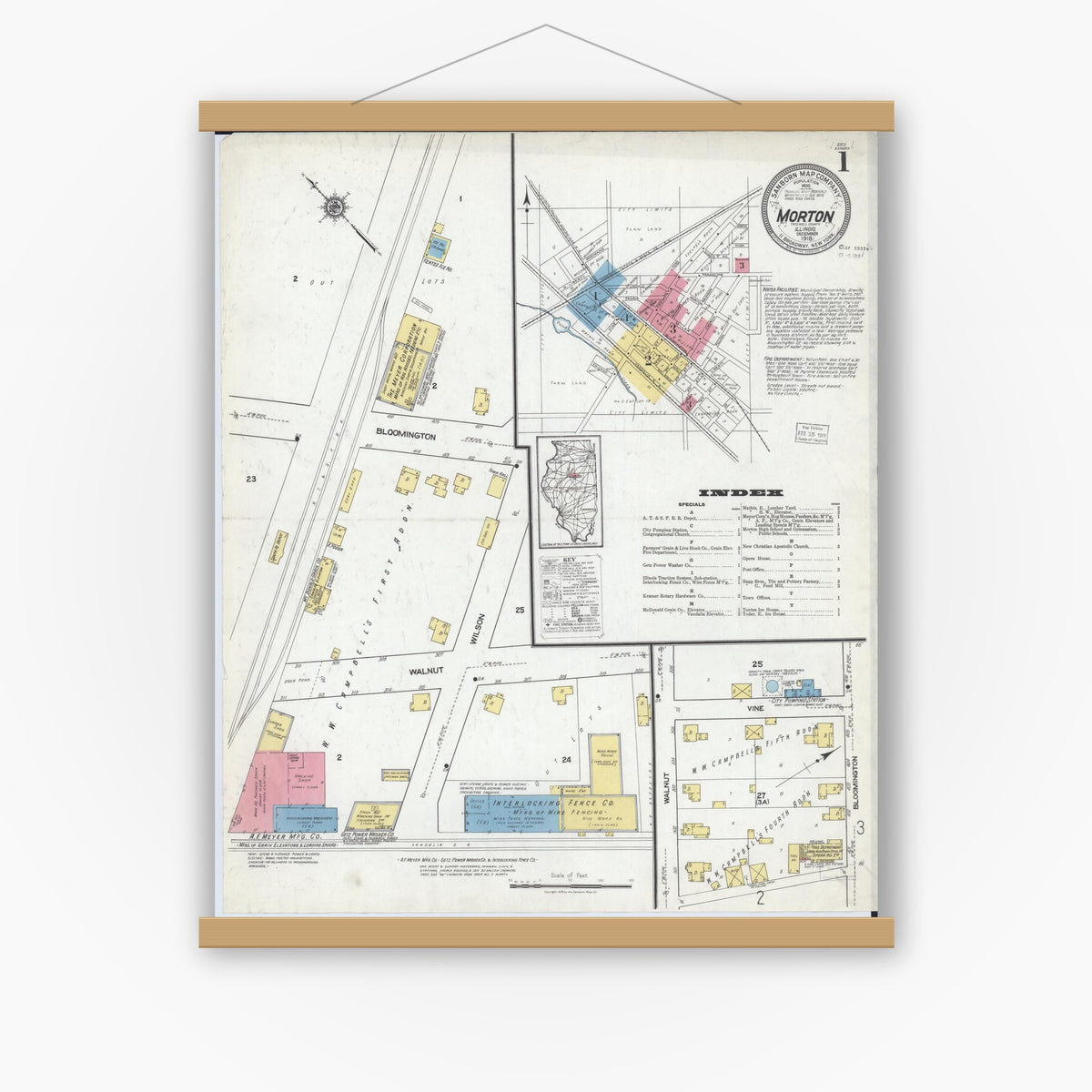 Old map wall art mockup — magnetic wood frame on white wall — Sanborn Fire Insurance Map from Morton, Tazewell County, Illinois (1918), Sheet #0001