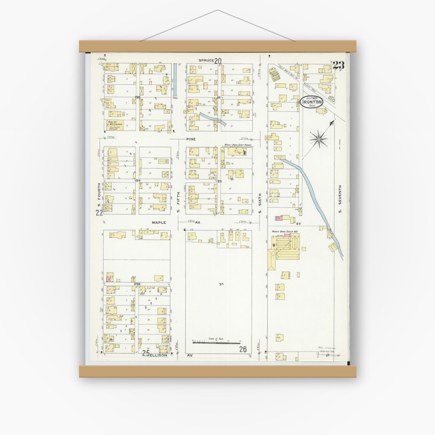 Old map wall art mockup — magnetic wood frame on white wall — Sanborn Fire Insurance Map from Ironton, Lawrence County, Ohio (1909), Sheet #0023