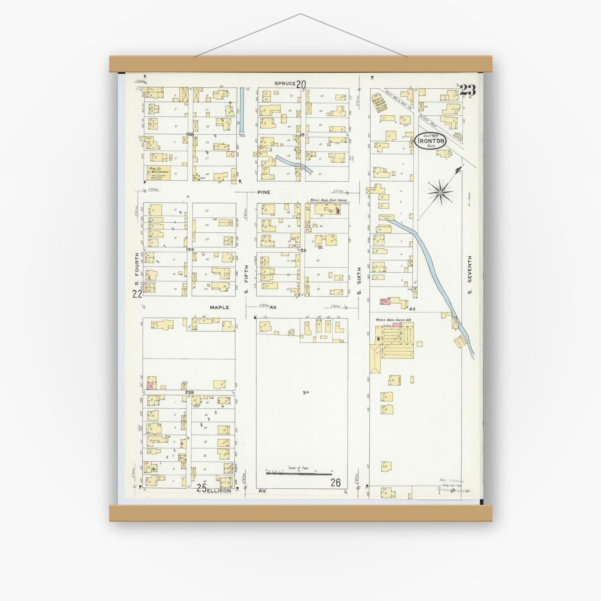 Old map wall art mockup — magnetic wood frame on white wall — Sanborn Fire Insurance Map from Ironton, Lawrence County, Ohio (1909), Sheet #0023