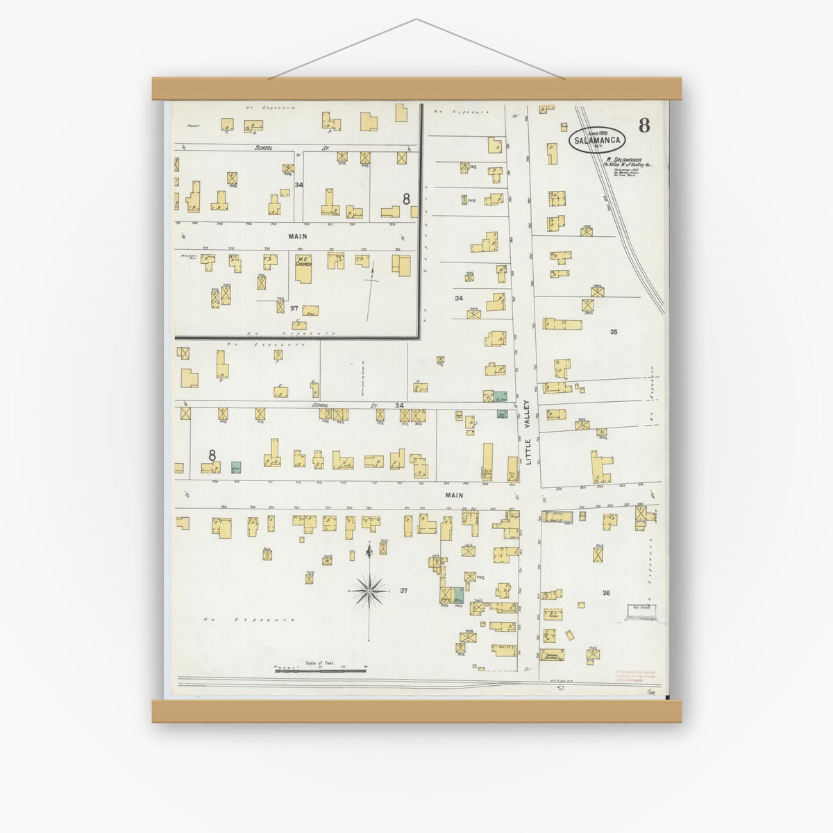 Old map wall art mockup — magnetic wood frame on white wall — Sanborn Fire Insurance Map from Salamanca, Cattaraugus County, New York (1898), Sheet #0008