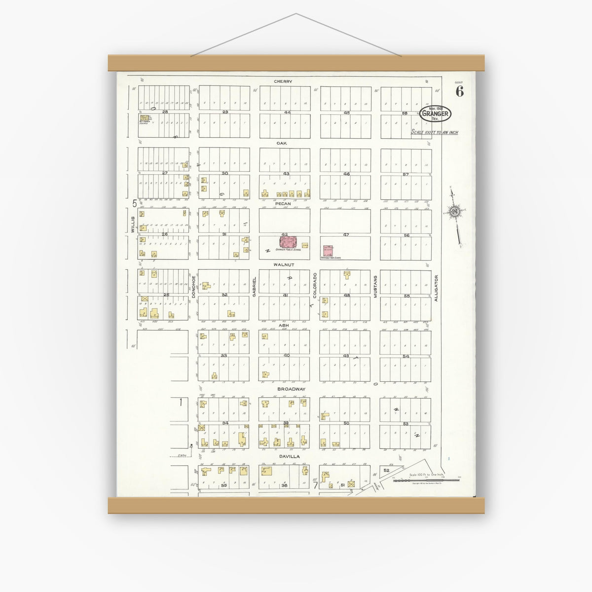 Old map wall art mockup — magnetic wood frame on white wall — Sanborn Fire Insurance Map from Granger, Williamson County, Texas (1921), Sheet #0006