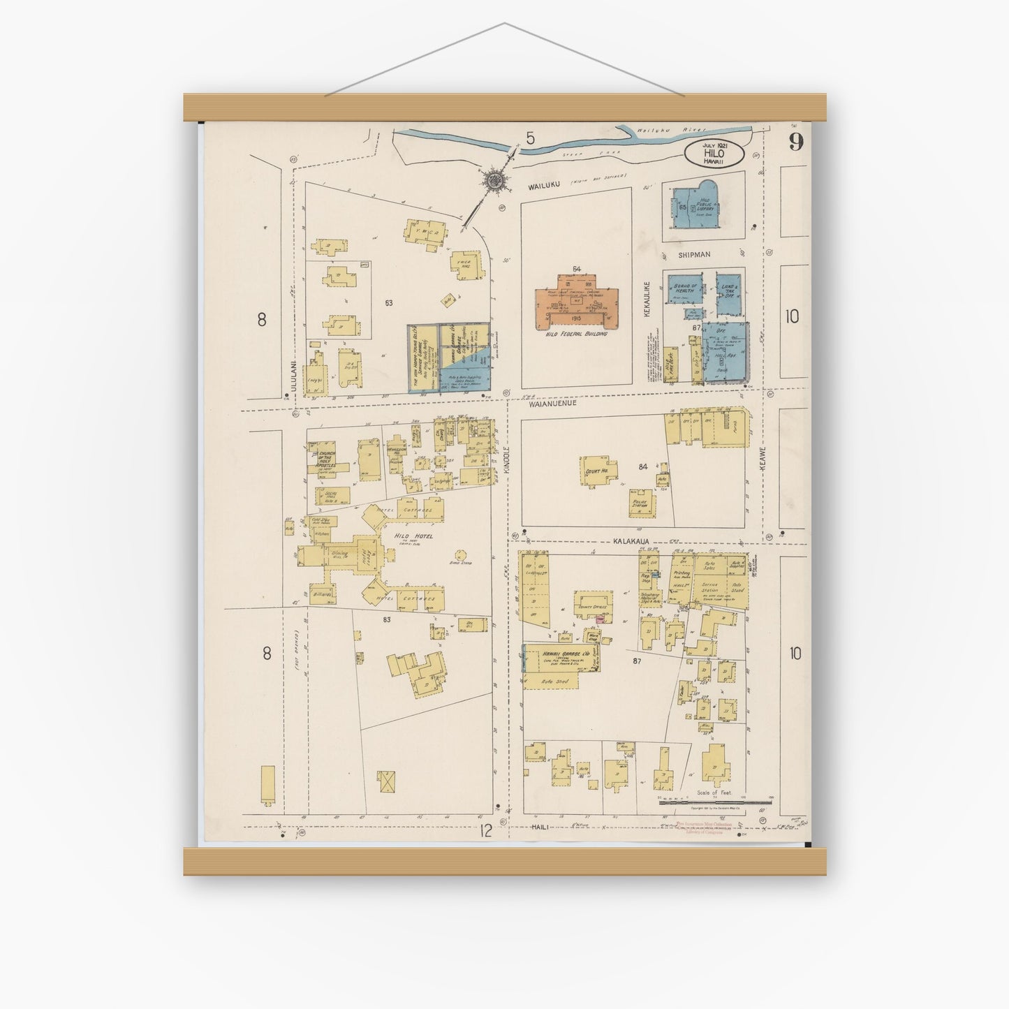 Old map wall art mockup — magnetic wood frame on white wall — Sanborn Fire Insurance Map from Hilo, Hawaii County, Hawaii (1921), Sheet #0009