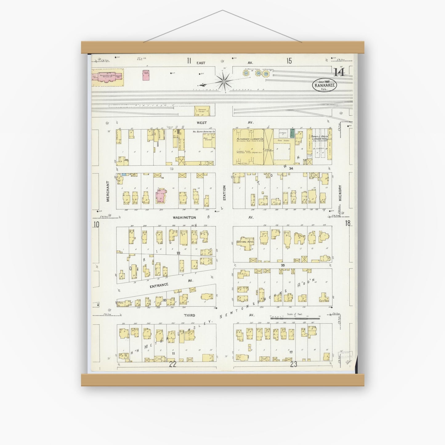 Old map wall art mockup — magnetic wood frame on white wall — Sanborn Fire Insurance Map from Kankakee, Kankakee County, Illinois (1907), Sheet #0014