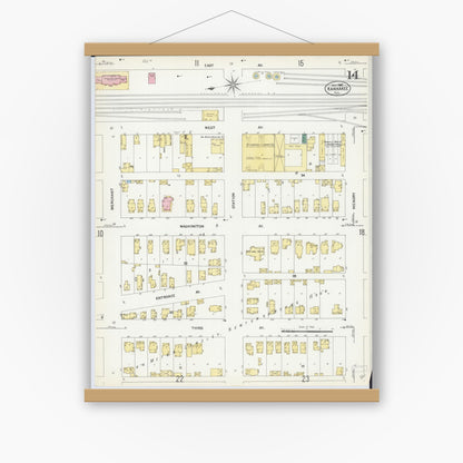 Old map wall art mockup — magnetic wood frame on white wall — Sanborn Fire Insurance Map from Kankakee, Kankakee County, Illinois (1907), Sheet #0014