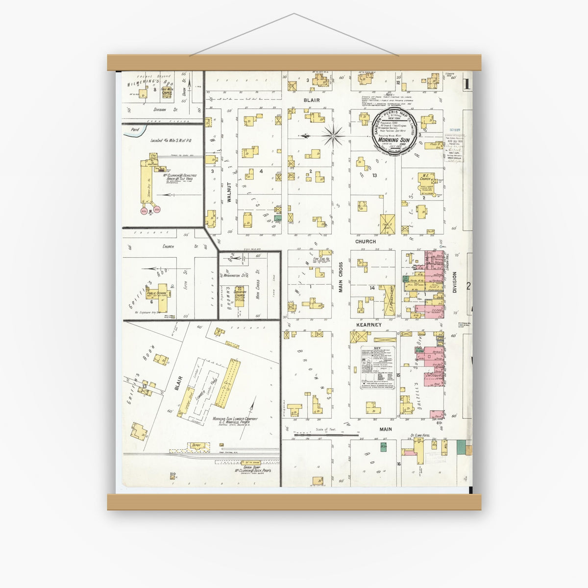 Old map wall art mockup — magnetic wood frame on white wall — Sanborn Fire Insurance Map from Morning Sun, Louisa County, Iowa (1900), Sheet #0001