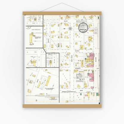 Old map wall art mockup — magnetic wood frame on white wall — Sanborn Fire Insurance Map from Morning Sun, Louisa County, Iowa (1900), Sheet #0001
