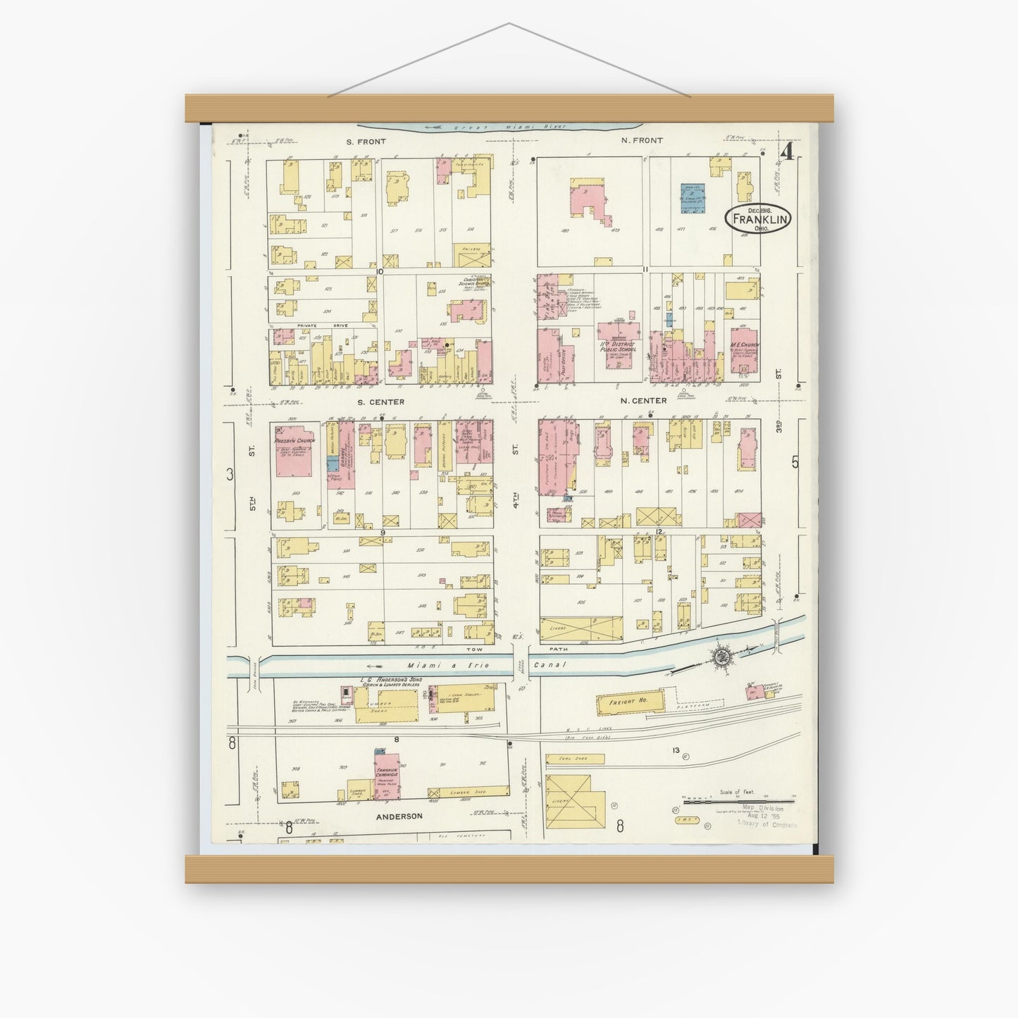 Old map wall art mockup — magnetic wood frame on white wall — Sanborn Fire Insurance Map from Franklin, Warren County, Ohio (1916), Sheet #0004
