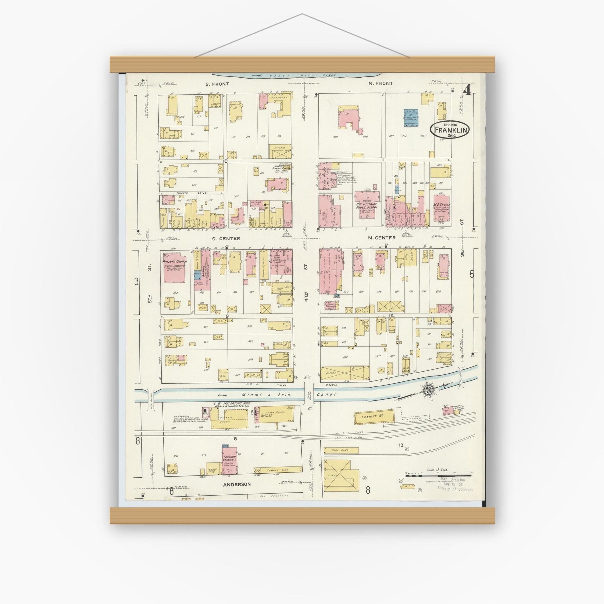 Old map wall art mockup — magnetic wood frame on white wall — Sanborn Fire Insurance Map from Franklin, Warren County, Ohio (1916), Sheet #0004