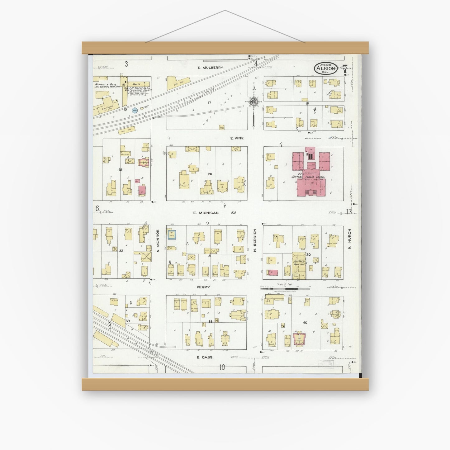Old map wall art mockup — magnetic wood frame on white wall — Sanborn Fire Insurance Map from Albion, Calhoun County, Michigan (1918), Sheet #0007