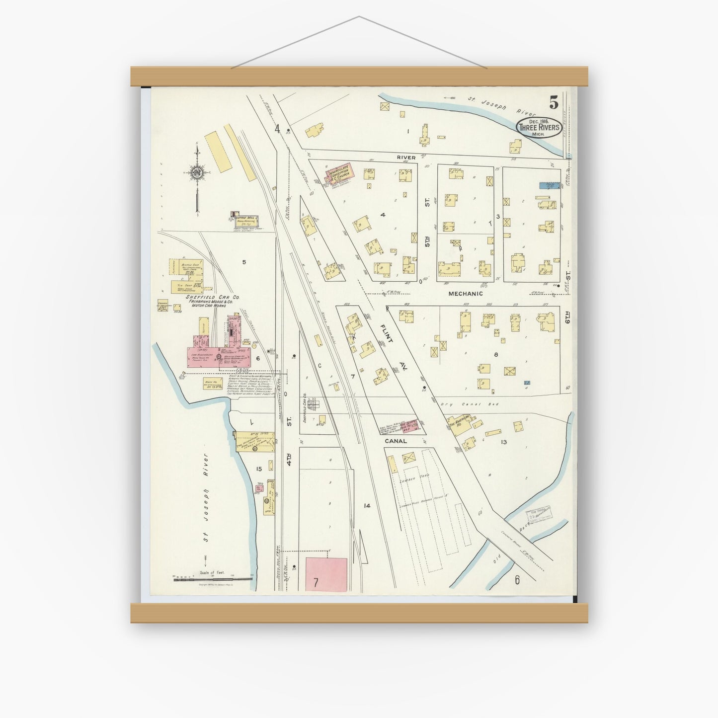 Old map wall art mockup — magnetic wood frame on white wall — Sanborn Fire Insurance Map from Three Rivers, Saint Joseph County, Michigan (1916), Sheet #0005
