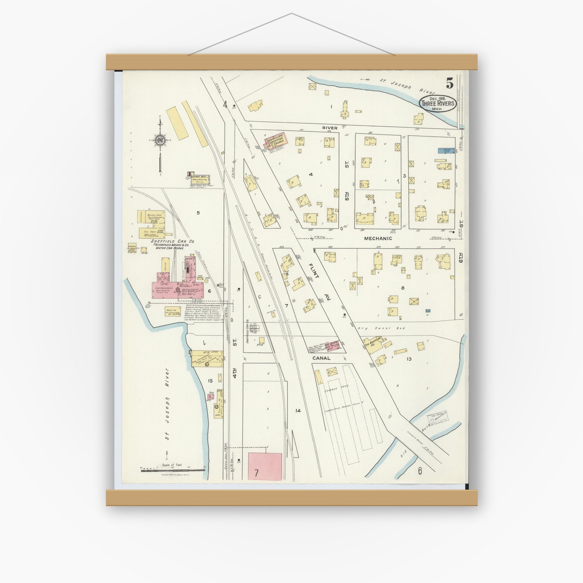 Old map wall art mockup — magnetic wood frame on white wall — Sanborn Fire Insurance Map from Three Rivers, Saint Joseph County, Michigan (1916), Sheet #0005