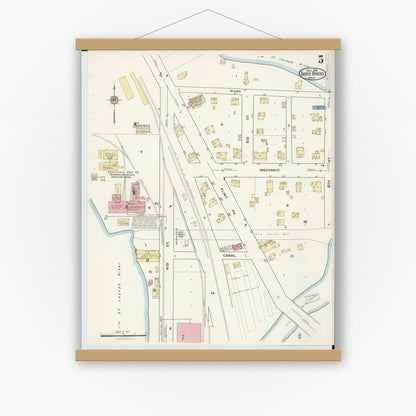 Old map wall art mockup — magnetic wood frame on white wall — Sanborn Fire Insurance Map from Three Rivers, Saint Joseph County, Michigan (1916), Sheet #0005