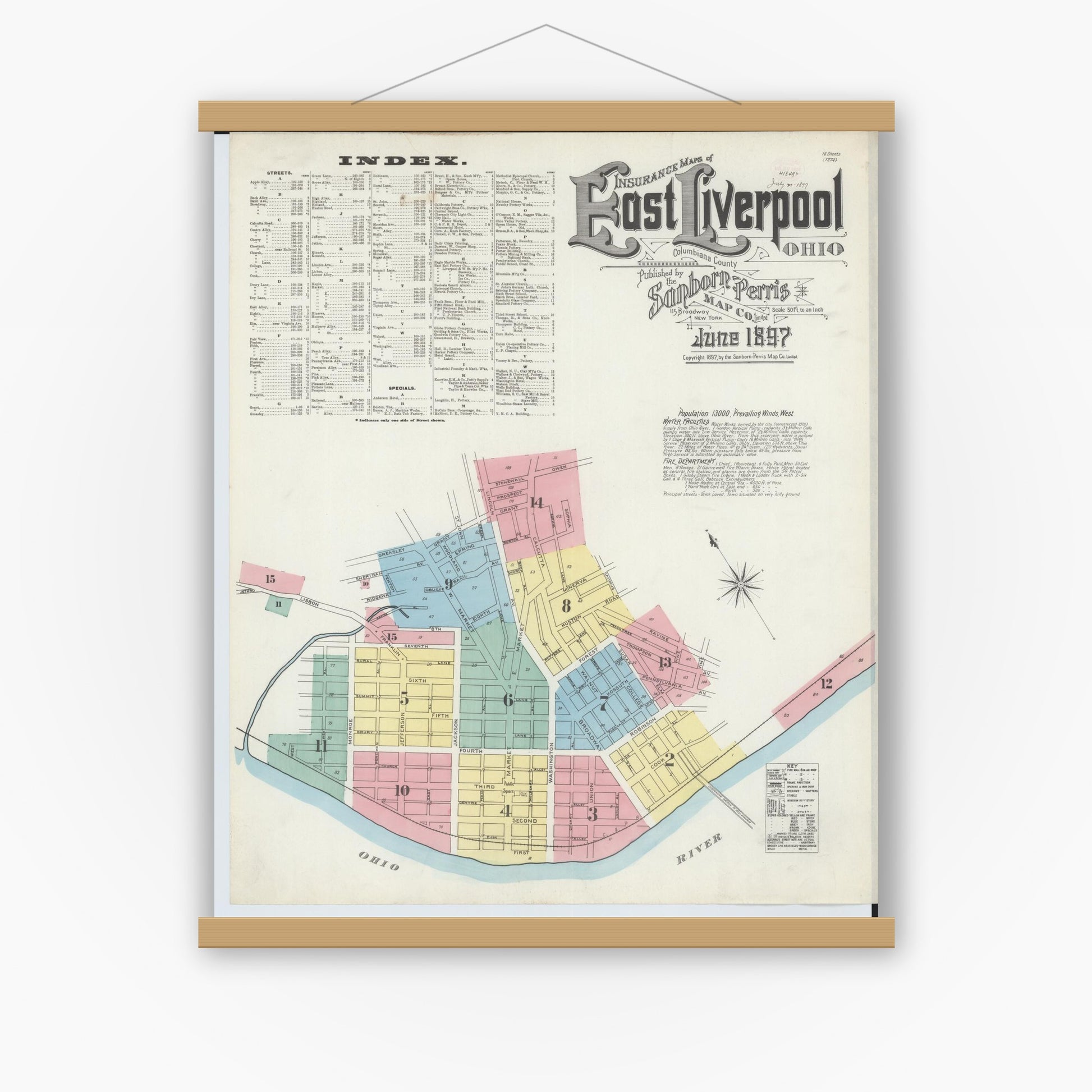 Old map wall art mockup — magnetic wood frame on white wall — Sanborn Fire Insurance Map from East Liverpool, Columbiana County, Ohio (1897) - Complete Map Set