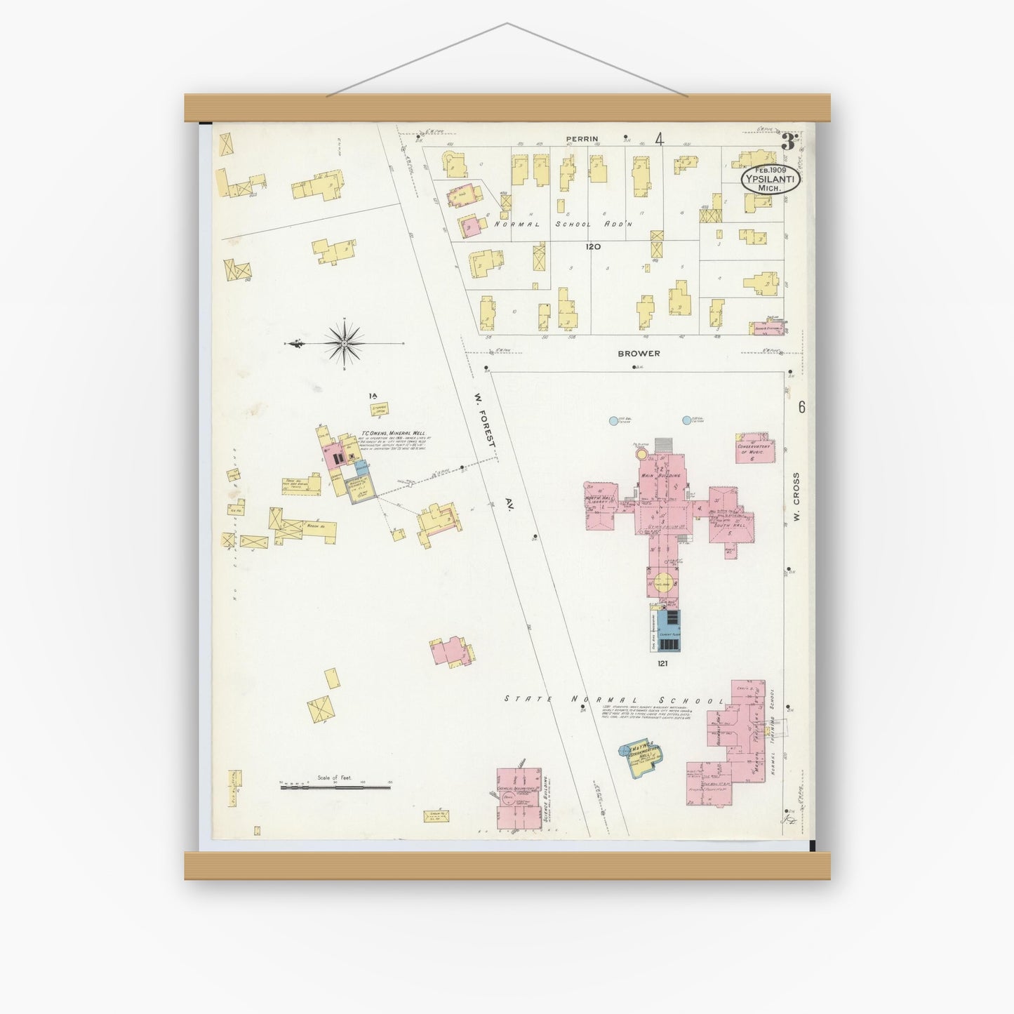 Old map wall art mockup — magnetic wood frame on white wall — Sanborn Fire Insurance Map from Ypsilanti, Washtenaw County, Michigan (1909), Sheet #0003