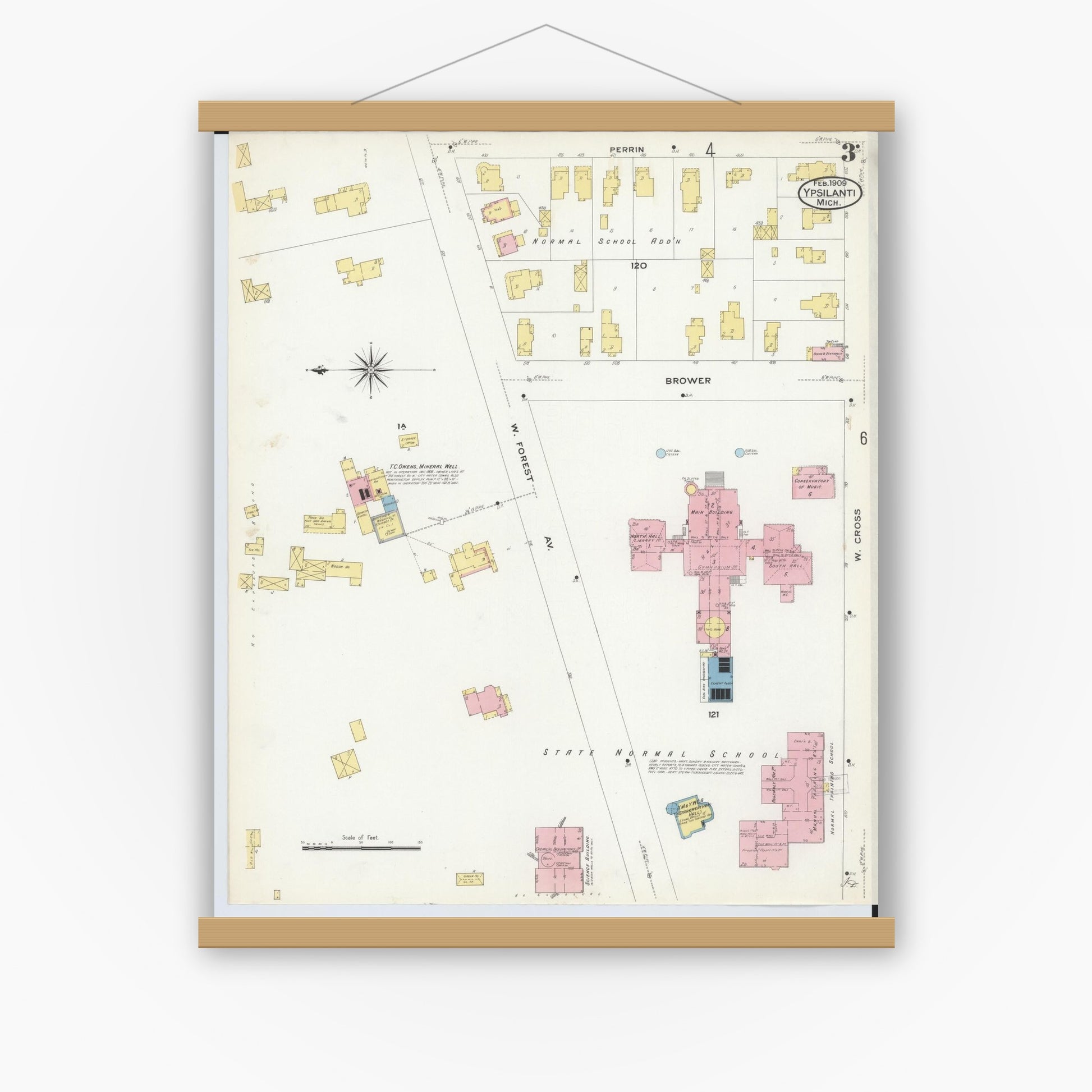 Old map wall art mockup — magnetic wood frame on white wall — Sanborn Fire Insurance Map from Ypsilanti, Washtenaw County, Michigan (1909), Sheet #0003