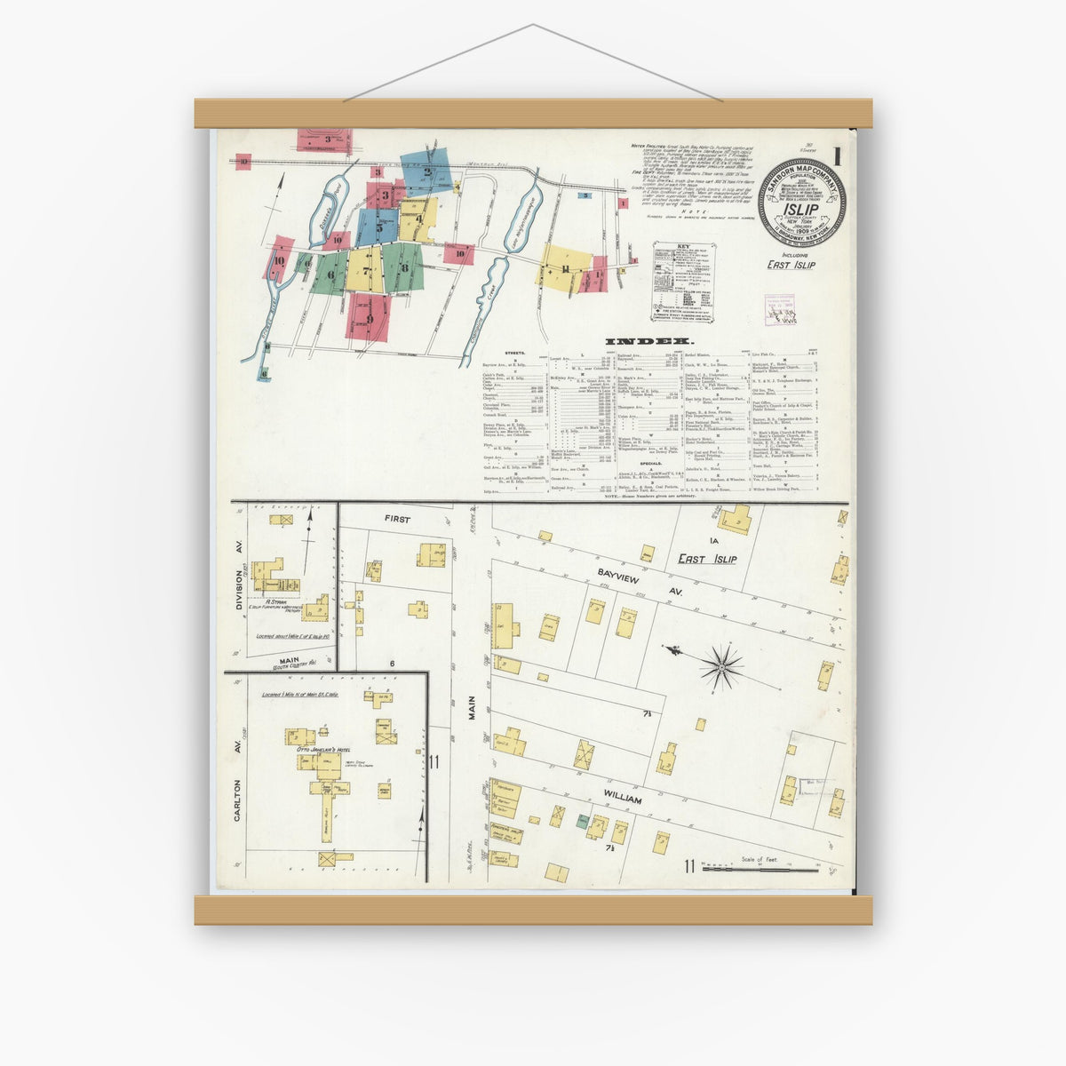 Old map wall art mockup — magnetic wood frame on white wall — Sanborn Fire Insurance Map from Islip, Suffolk County, New York (1909), Sheet #0001