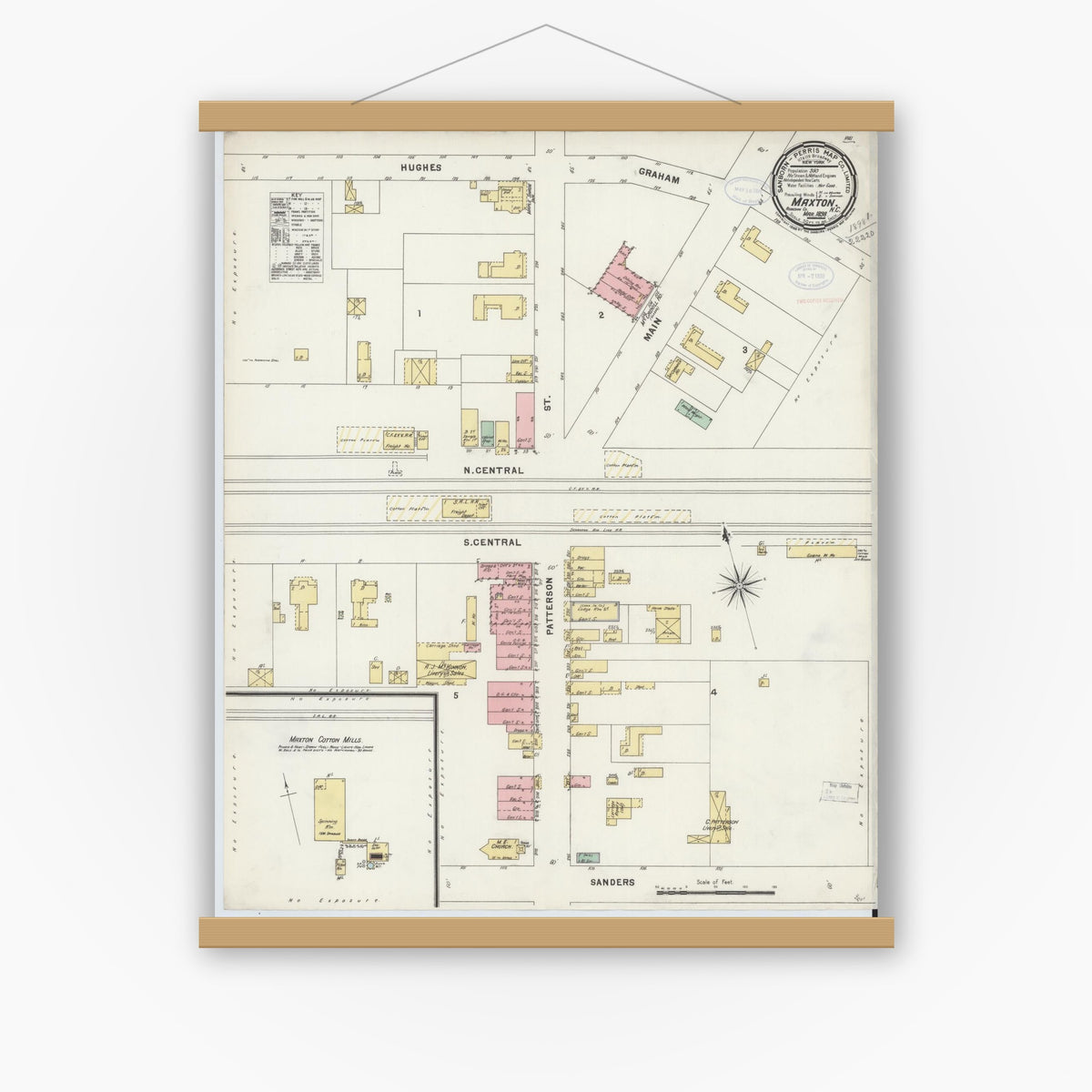 Old map wall art mockup — magnetic wood frame on white wall — Sanborn Fire Insurance Map from Maxton, Robeson County, North Carolina (1898), Sheet #0001