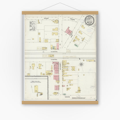 Old map wall art mockup — magnetic wood frame on white wall — Sanborn Fire Insurance Map from Maxton, Robeson County, North Carolina (1898), Sheet #0001
